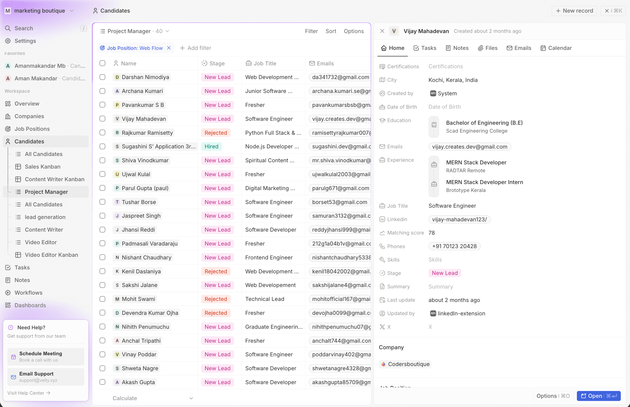 Vetty AI recruiting CRM dashboard showing candidate pipeline with AI match scores, automated outreach, and hiring analytics